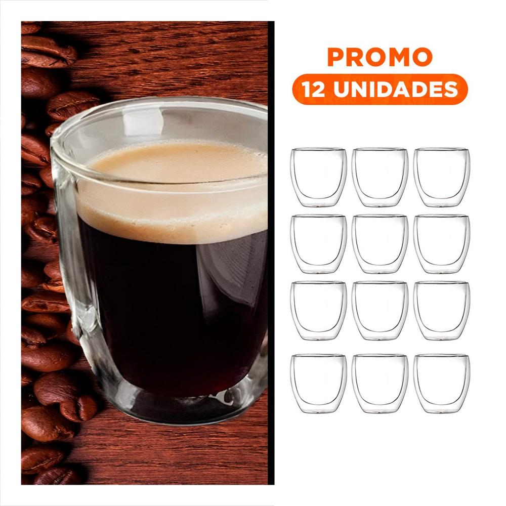 Pack12 Vaso 100 ML de Espresso en Formato Doble Capa Borosilicato Transparente Y Papel Regalo