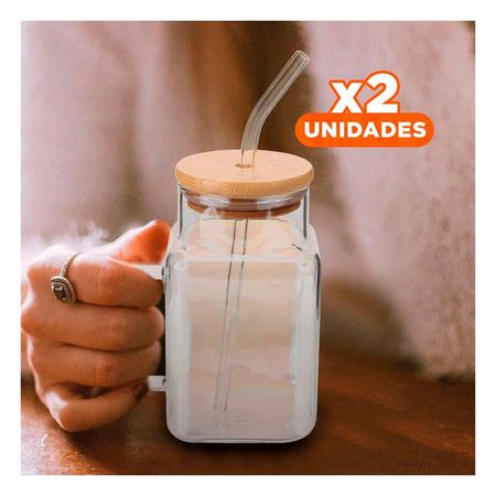 Pack2 Jarro Transparente 500ml de Vidrio con Asa Ergonomica y Sorbete Y Papel Regalo