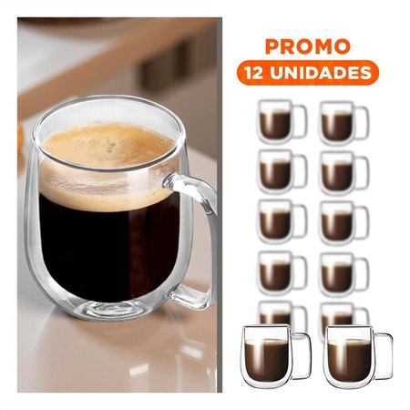 Pack12 Vaso Doble Capa 100 ML Espresso Transparente con Asa Cuadrada