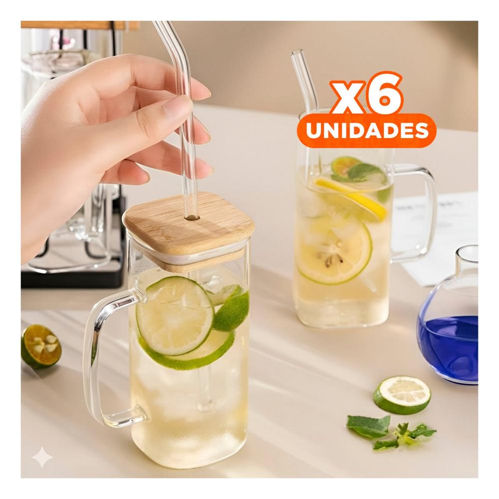 Pack6 Taza Moderna 350 ml de Vidrio con Asa Tapa y Sorbete