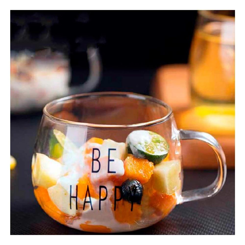 Taza con Frase Be Happy en Vidrio Transparente 350 ML Moderna Y notas
