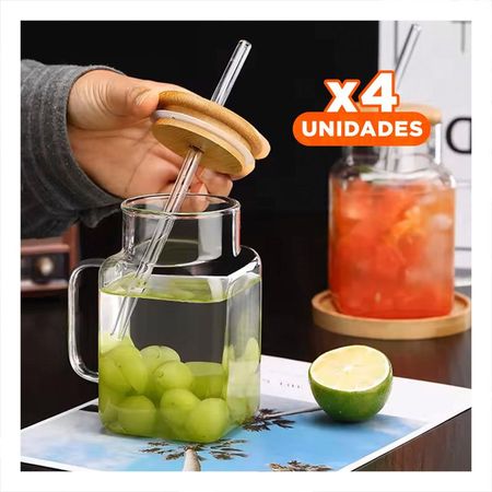 Pack4 Taza de Vidrio 500ml con Asa Practica Tapa y Sorbete Transparente Y Regalo Sticker