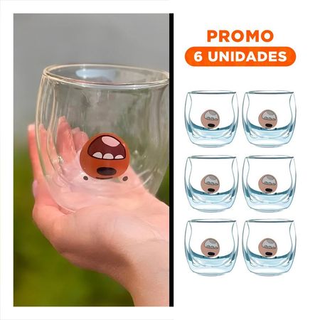 Pack6 Taza Doble Capa en Vidrio Borosilicato Transparente con Oso Pardo con Y Regalo Sticker