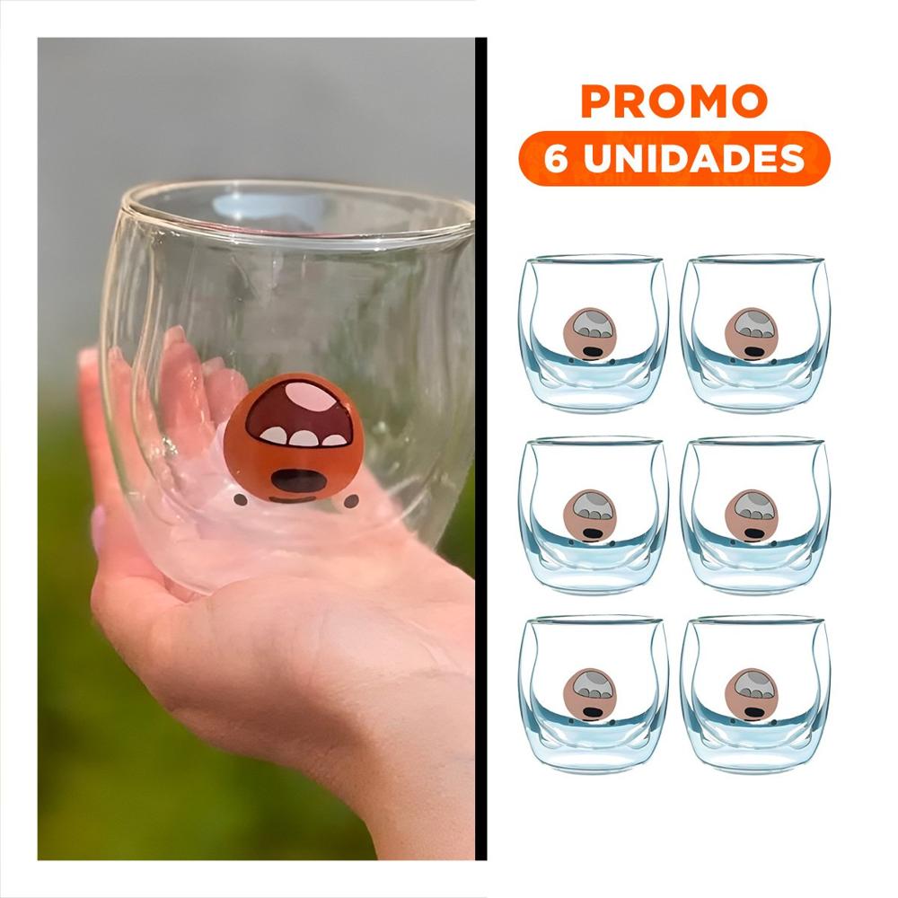 Pack6 Taza Doble Capa en Vidrio Borosilicato Transparente con Oso Pardo con Y Regalo Sticker