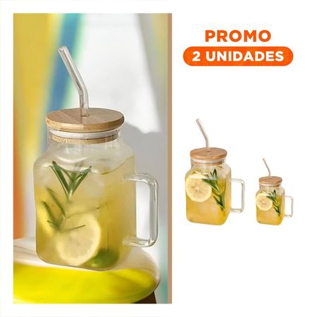 Pack2 Jarro Ancho Rectangular de Vidrio con Tapa y Sorbete 500ml Y Regalo Sticker