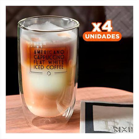Pack4 Copa en Color Transparente para Frappuccino 450 ML de Vidrio Doble Capa Y Papel Regalo