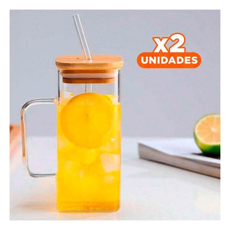 Pack2 Jarro Moderno 350 ml de Vidrio con Asa Tapa y Sorbete Transparente Y Papel Regalo