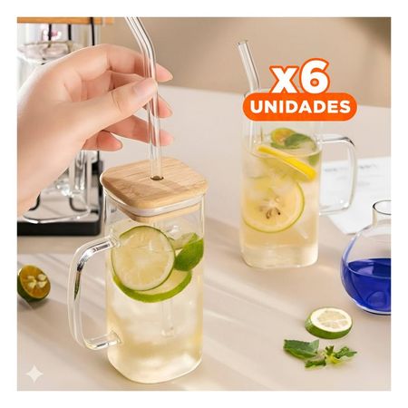 Pack6 Taza Rectangular 350 ml Transparente con Asa y Sorbete Y Papel Regalo