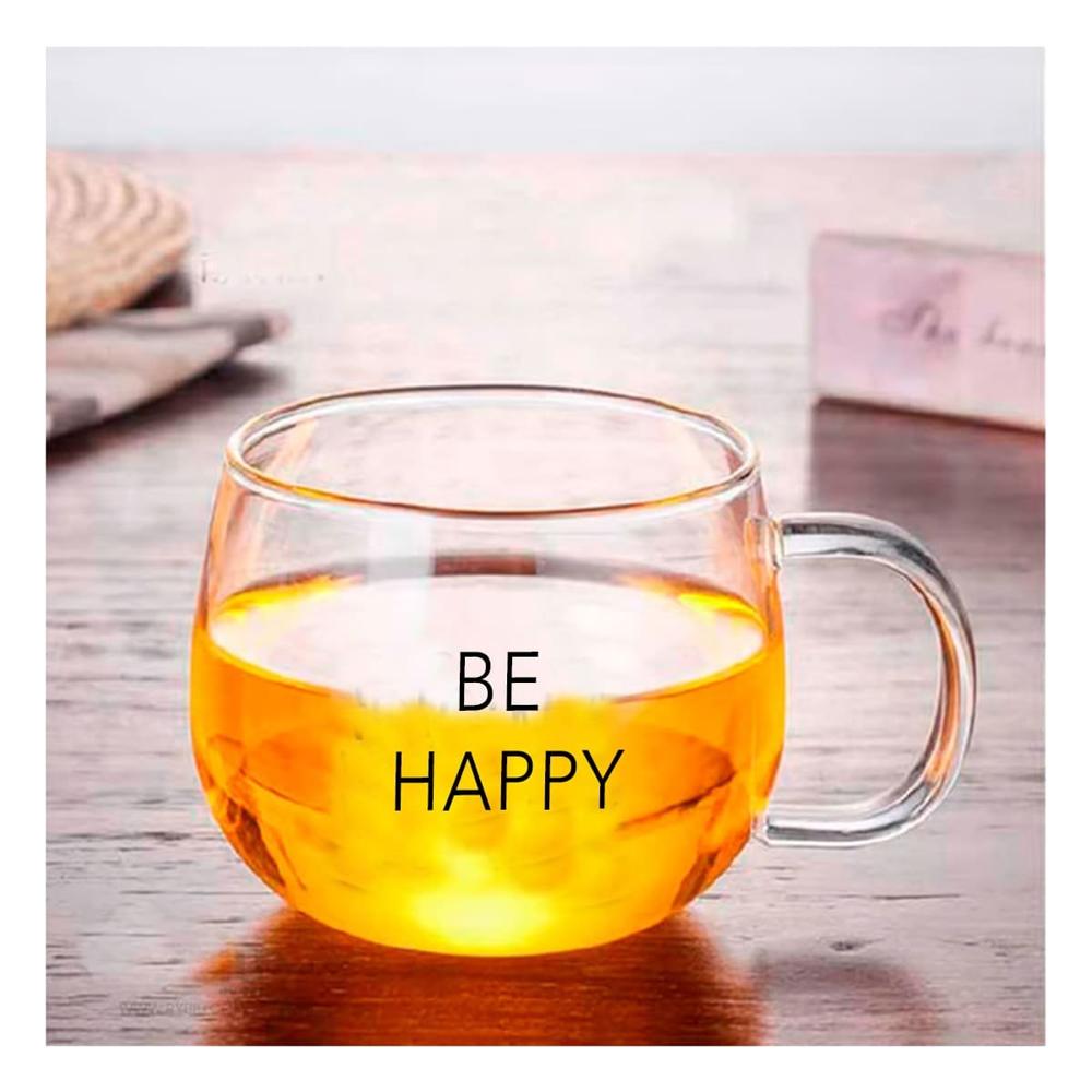 Taza de Vidrio 350 ML con Frase Be Happy en Transparente Elegante YPapel Regalo