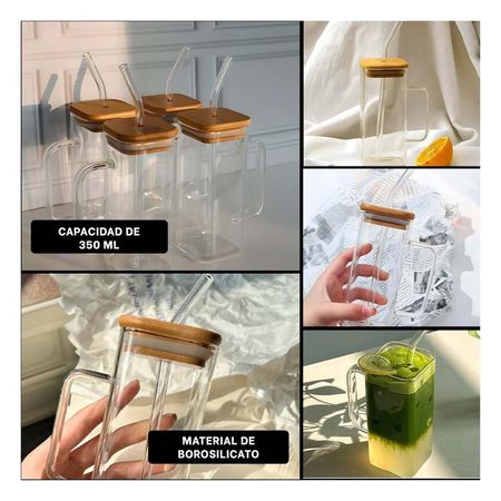 Recipiente con Asa de Vidrio 350 ml con Tapa y Sorbete Transparente Rectangular Y Ligas Regalo