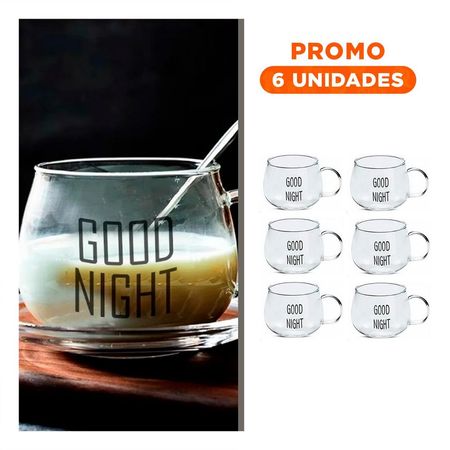 Pack6 Vaso Vidrio Transparente 350 ML con Frase Good Night Moderna Y Regalo Sticker