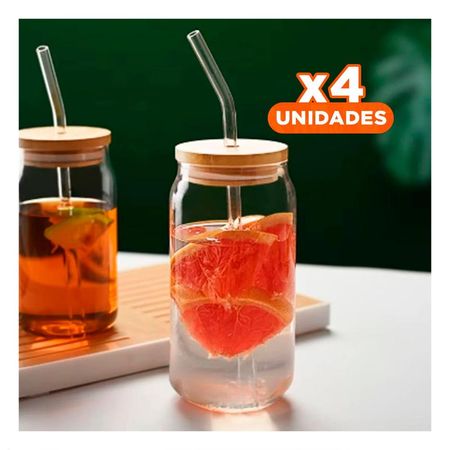 Pack4 Copa transparente de vidrio 500ml con tapa y sorbete estilo recto Y Regalo Sticker