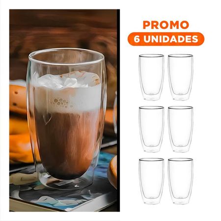 Pack6 Taza Doble Capa en Vidrio Borosilicato Transparente con Capacidad 400ml Y Regalo Sticker