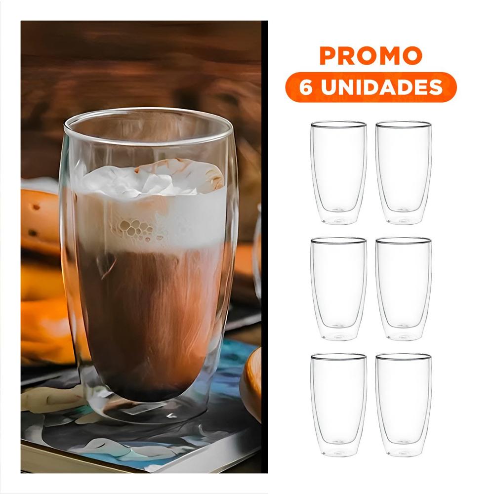 Pack6 Taza Doble Capa en Vidrio Borosilicato Transparente con Capacidad 400ml Y Regalo Sticker