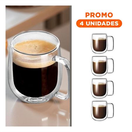 Pack4 Copa de Color Transparente 100 ML Espresso Doble Capa Asa Cuadrada