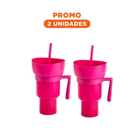 Pack2 Contenedor 2 en 1 para Snacks y Bebidas de ABS Color Rosado Actual YRegalo Sticker