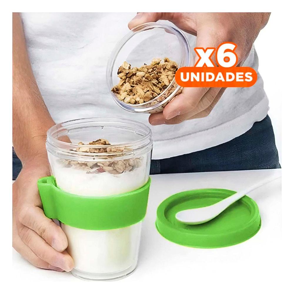 Pack6 Taza con Cuchara Integrada en Verde Limon para Yogurt y Cereal 350 Ml