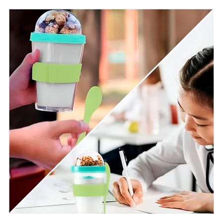 Vaso Verde Limon con Cuchara Integrada para Yogurt y Cereal de 350 Ml Y Papel Regalo