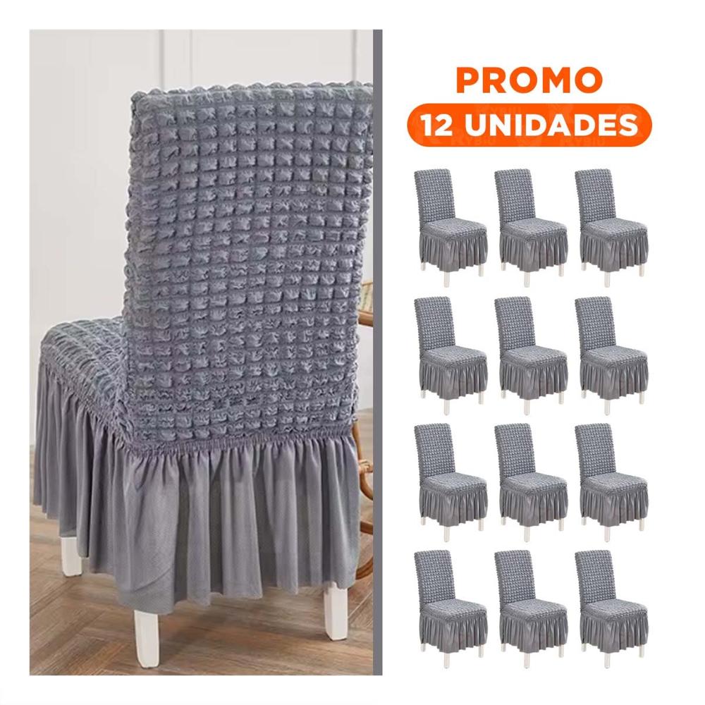 Pack12 Cubierta Elastica de Silla con Patron Visual Cuadrado Color Plomo
