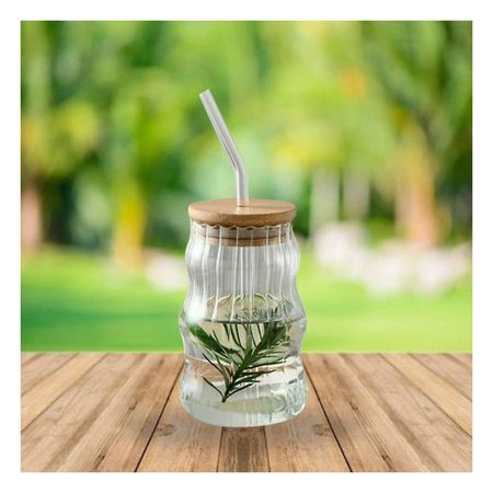 Vaso de Vidrio 500 ml con Tapa Hermetica y Sorbete Transparente Curvas