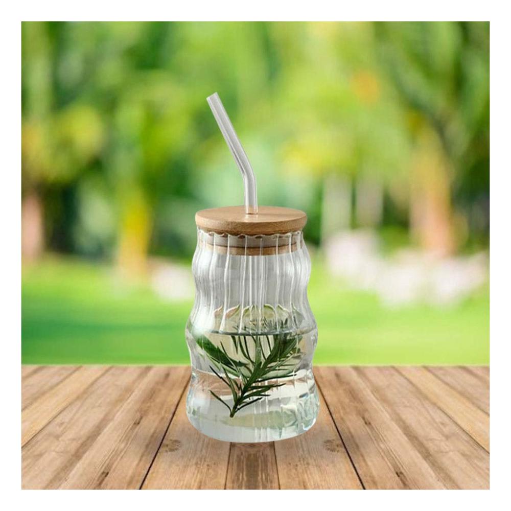 Vaso de Vidrio 500 ml con Tapa Hermetica y Sorbete Transparente Curvas