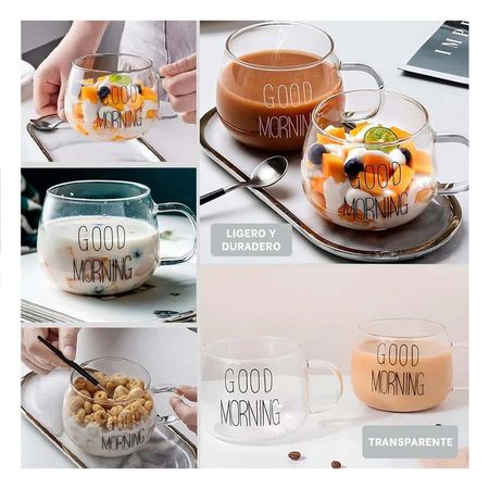 Taza Transparente de Vidrio 350 ML con Frase Good Morning Inspiradora YLigas Regalo