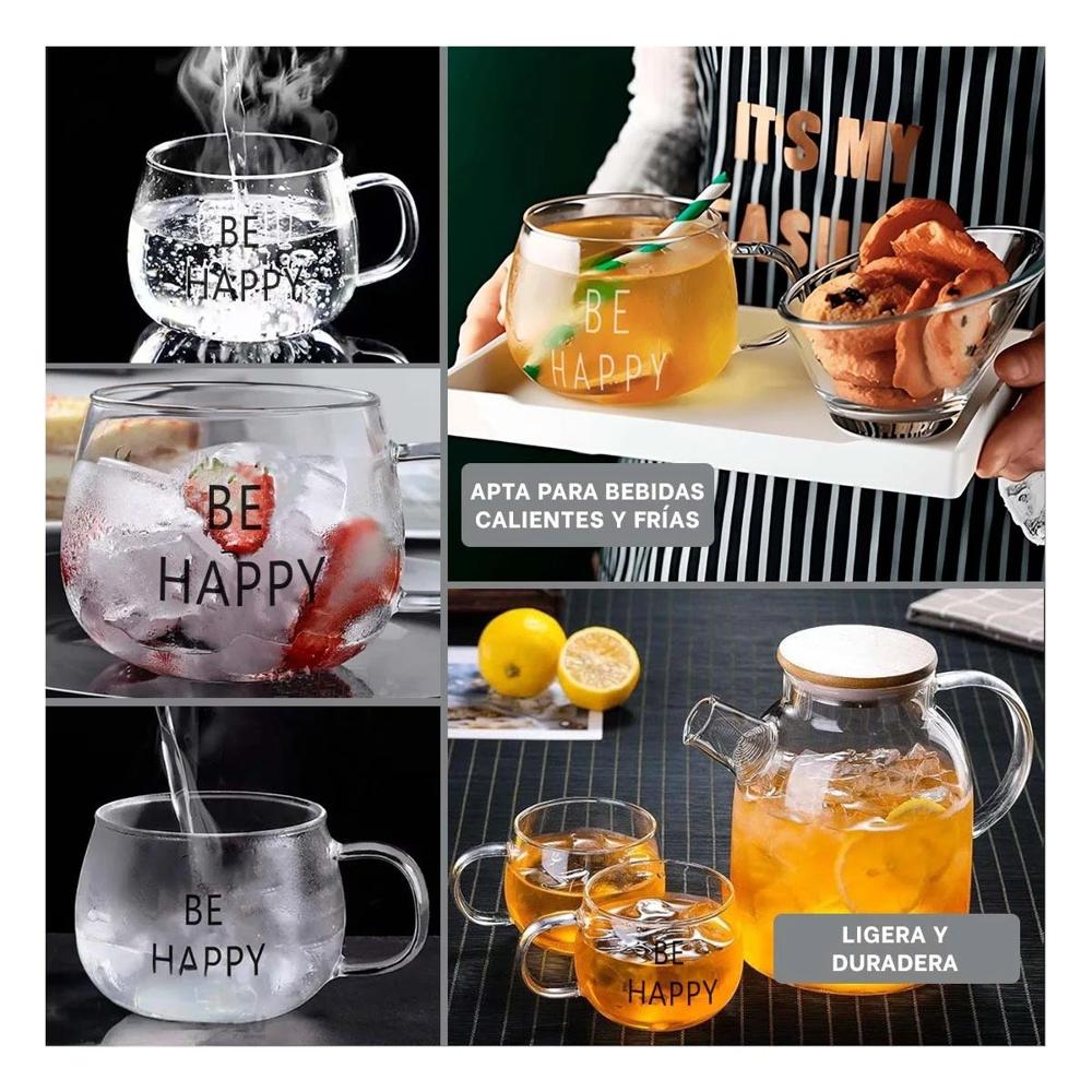 Taza Transparente de Vidrio 350 ML con Frase Be Happy Inspiradora YLigas Regalo