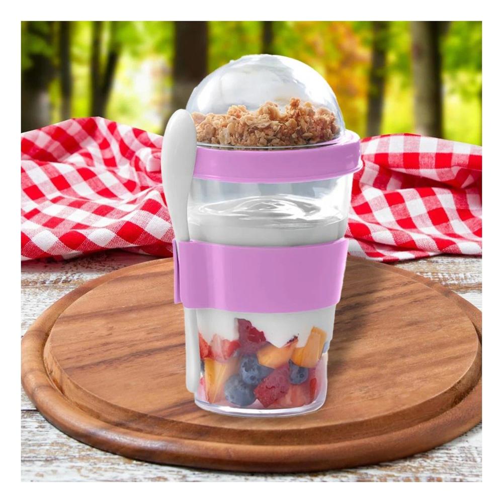 Vaso para Yogurt y Cereal 350 Ml Rosado con Cuchara para Uso Diario en Movimiento