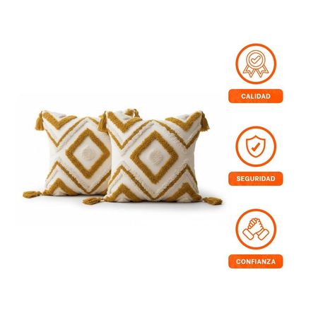 Funda Decorativa con Patron Boho Rombos en Poliester Crema y Amarillo de 45cm Y Regalo Sticker