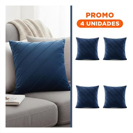 Pack4 Cubierta Decorativa para Almohada con Terciopelo Azul y Lineas Diagonales de 45cm