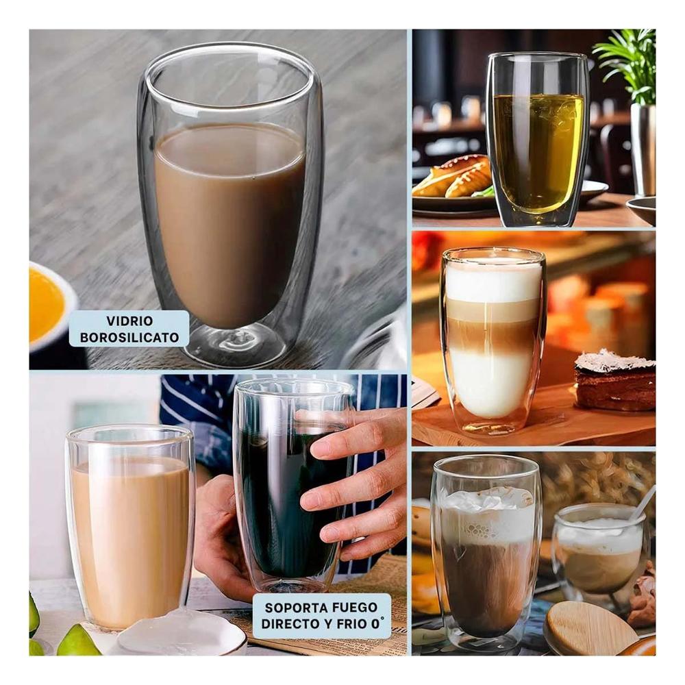 Vaso Doble Capa 400ml con Cuerpo de Vidrio Borosilicato Transparente Y Ligas Regalo