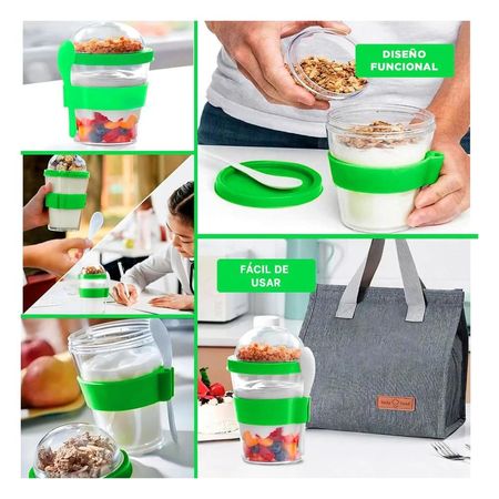 Vaso para Desayuno Saludable 350 Ml con Cuchara en Verde Limon de Uso Diario Y Ligas Regalo