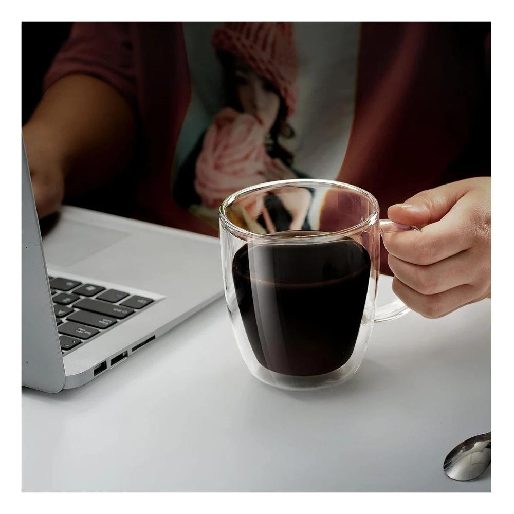 Taza Estructura Vidrio de 8x5.6x11cm de 250ml Color Transparente con Hojitas Y notas