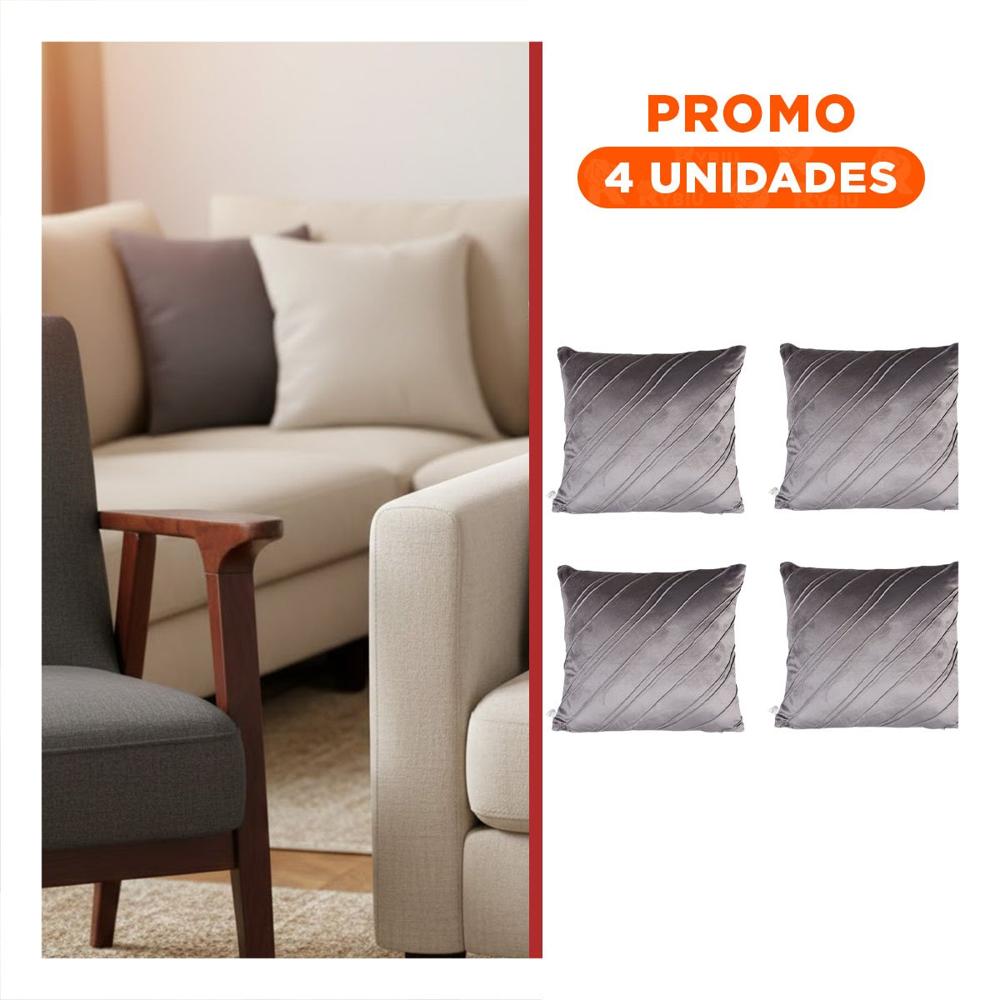 Pack4 Cubierta Decorativa para Almohada con Terciopelo Plomo Intermedio y Lineas Diagonales
