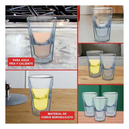Vaso Doble Capa 260ml con Cuerpo de Vidrio Borosilicato Transparente Y Ligas Regalo