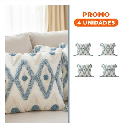 Pack4 Forro Decorativo Boho Rombos Creciendo integrado en Poliester Crema y Celeste