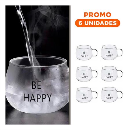 Pack6 Vaso Vidrio Transparente 350 ML con Frase Be Happy Moderna YRegalo Sticker
