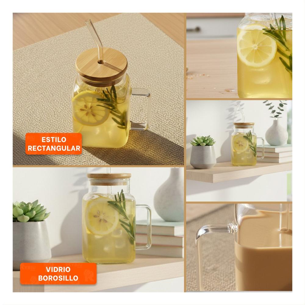 Vaso Rectangular Transparente 500ml de Vidrio con Asa Tapa y Sorbete Y Ligas Regalo