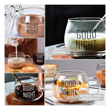 Taza Transparente de Vidrio 350 ML con Frase Good Night Inspiradora Y Ligas Regalo