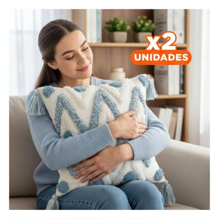 Pack2 Protector Decorativo Poliester con Estilo Boho y Rombos Creciendo Crema y Celeste