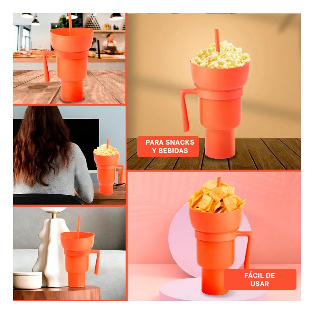 Vaso 2 en 1 para Snacks y Bebidas de ABS Anaranjado con Forma Funcional Actual YLigas Regalo