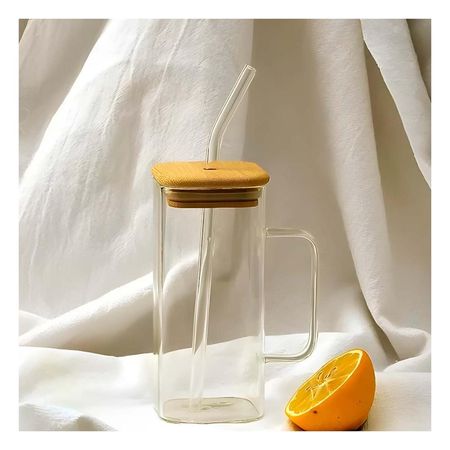Vaso con Asa de Vidrio 350 ml con Tapa y Sorbete Transparente Recto