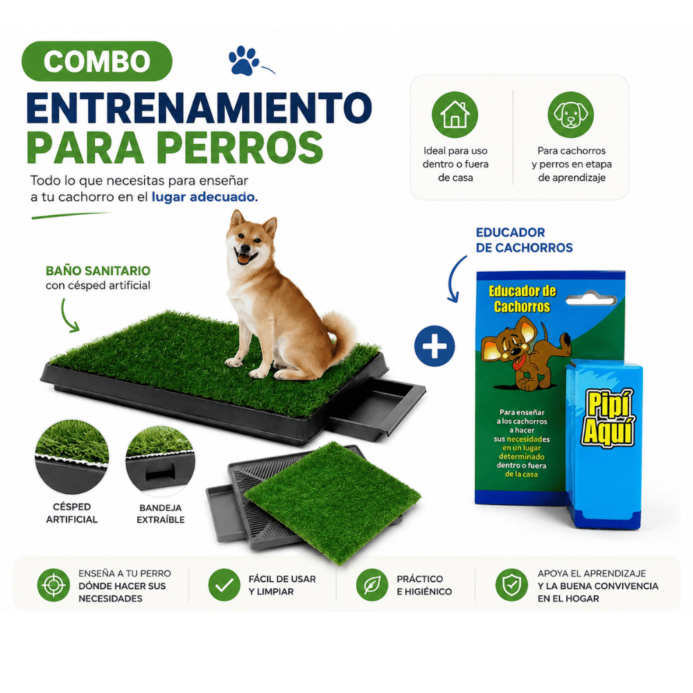 Combo Entrenamiento para Perros - Baño Grande con Césped Sintético Reutilizable Con Pipí Aquí