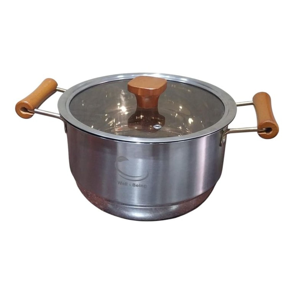 Olla de Acero Inoxidable 3 Litros- Tapa de Vidrio y Mangos de Madera Plateado