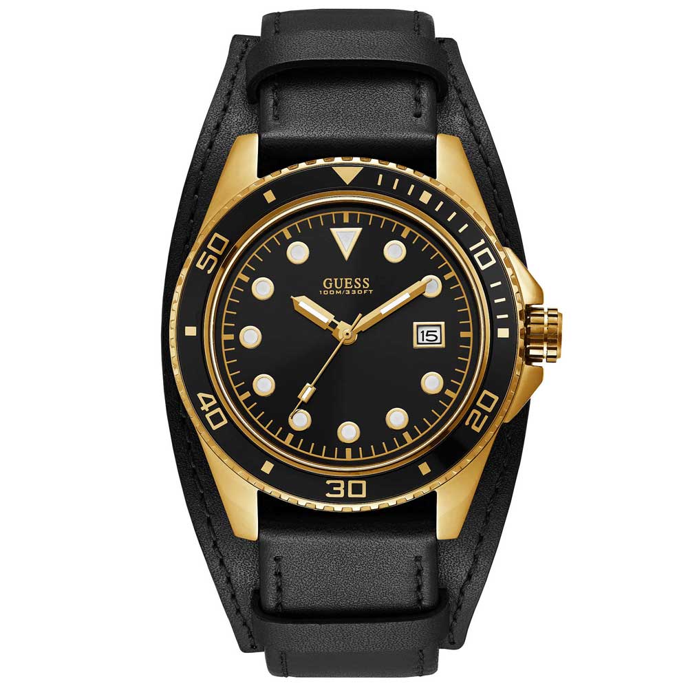 Reloj Guess Crew W1051G3 Acero Inoxidable Dorado Correa De Cuero Negro