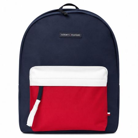 MOCHILA TOMMY HILFIGER AZUL CON BOLSILLO DELANTERO ROJO Y BLANCO