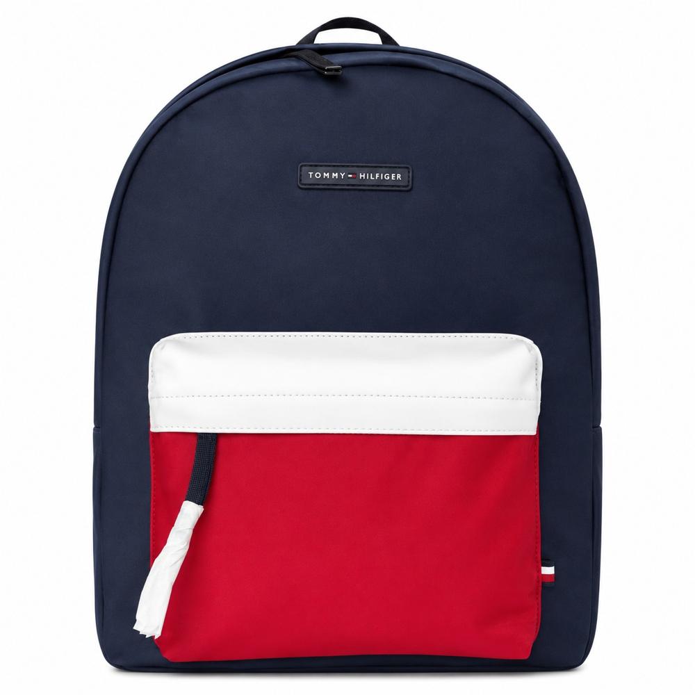 MOCHILA TOMMY HILFIGER AZUL CON BOLSILLO DELANTERO ROJO Y BLANCO