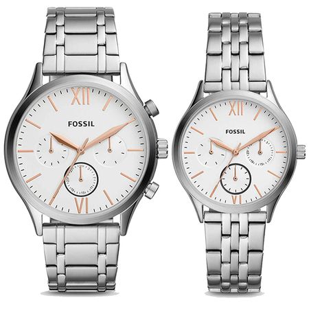 Reloj Fossil Fenmore BQ2468SET Set 2 Relojes Hombre y Mujer Plateado Dial Blanco