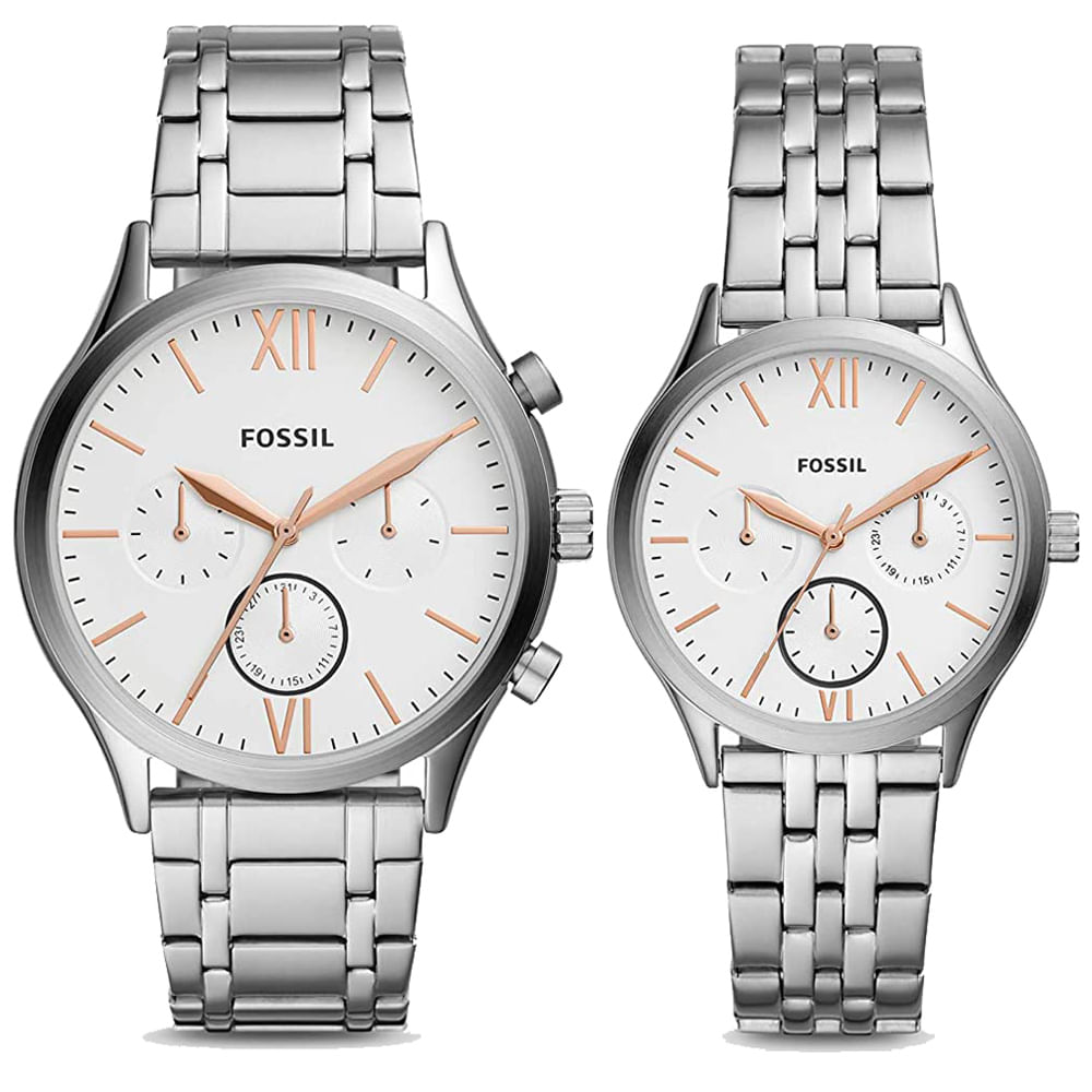 Reloj Fossil Fenmore BQ2468SET Set 2 Relojes Hombre y Mujer Plateado Dial Blanco