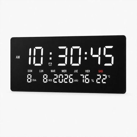 Reloj Digital Grande con Fecha, Temperatura y Humedad Pared Blanco